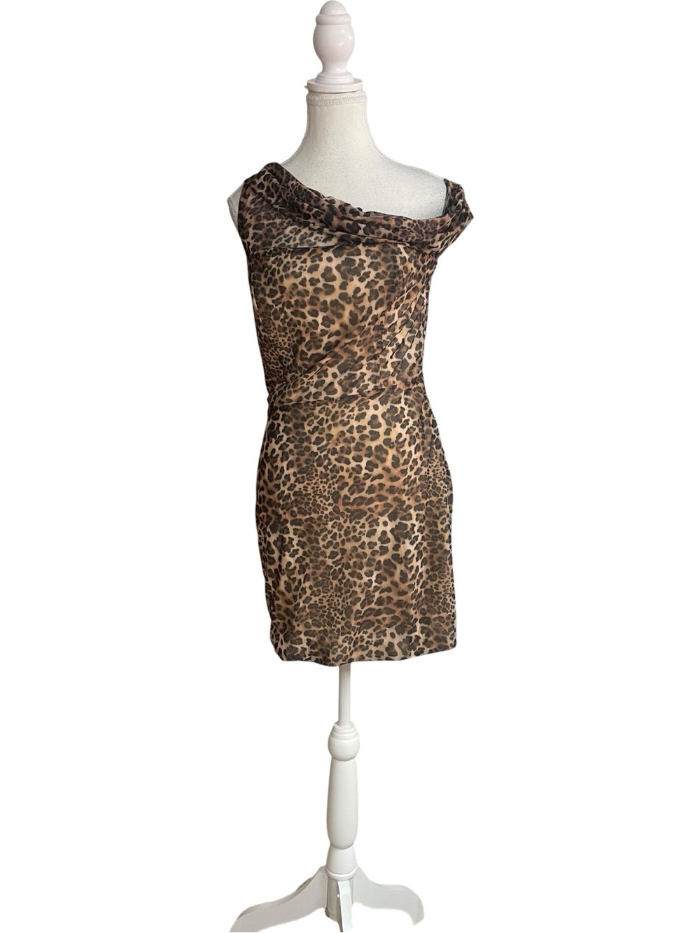 Lulus Amuria Mesh Asymmetrical Cowl Neck Mini Dress Brown Leopard Print